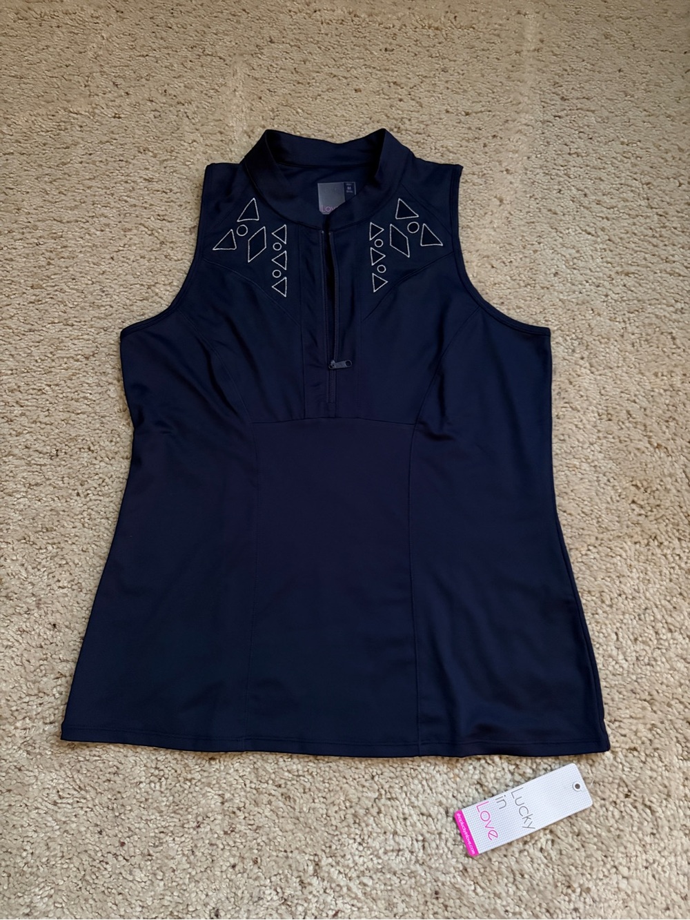 Lucky in Love Navy Sleeveless Zip Top with geometric laser-cut NWT (202)